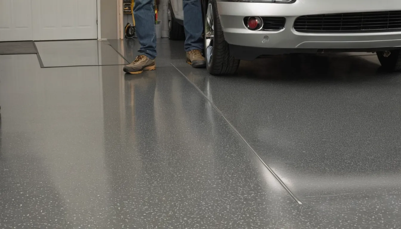 A freshly coated epoxy garage floor in a Denver home with a speckled flake finish