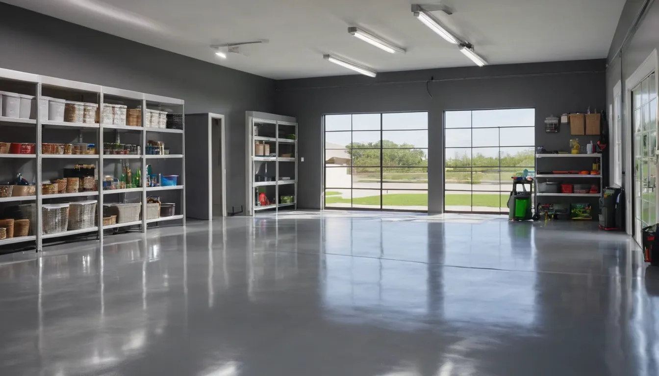A freshly coated garage floor in a Denver home with light reflecting off the surface